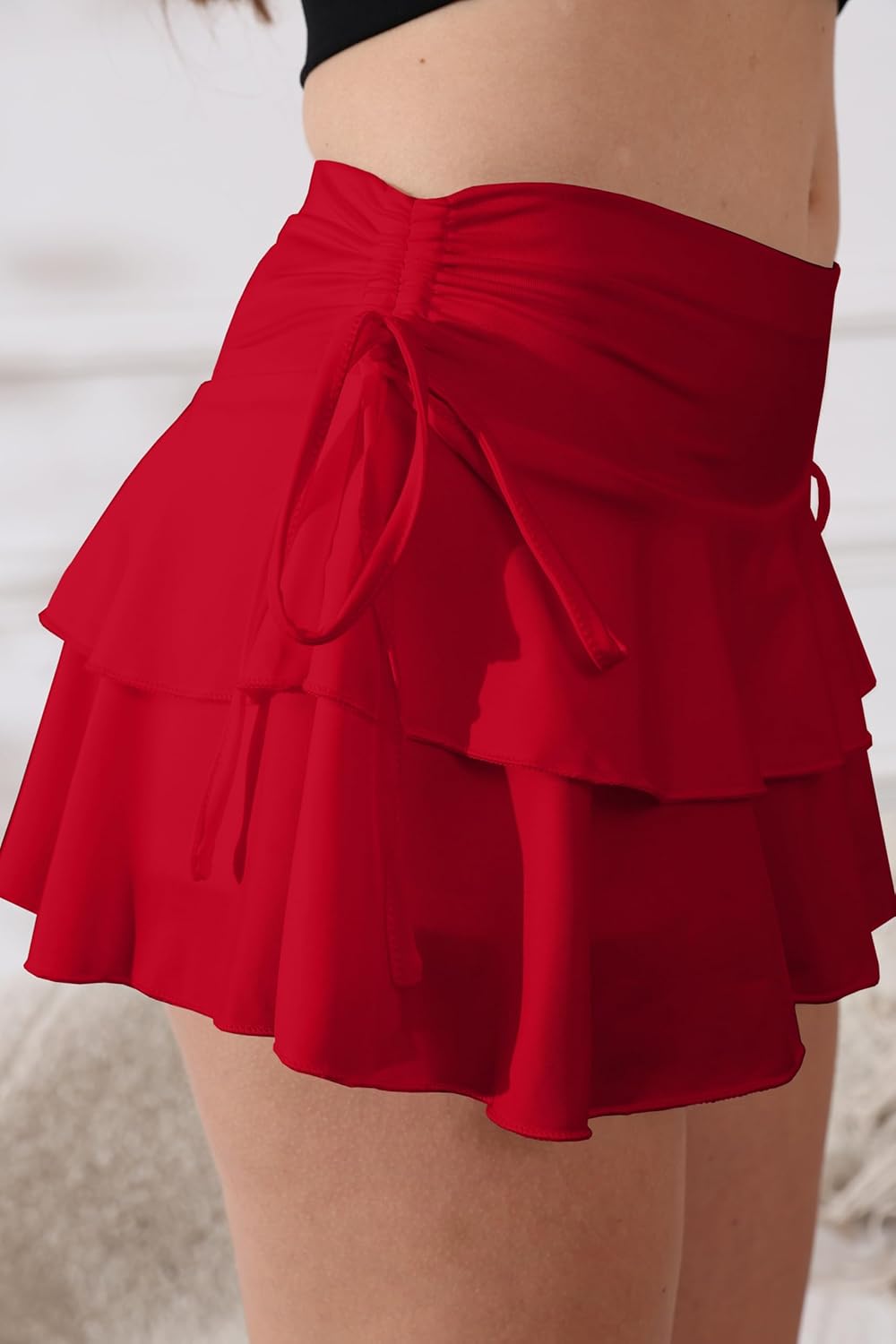 Skiennix Women's Y2K Mini Ruffle Skirt - Cute Tiered Design with Elastic Waist & Drawstring Bow Tie