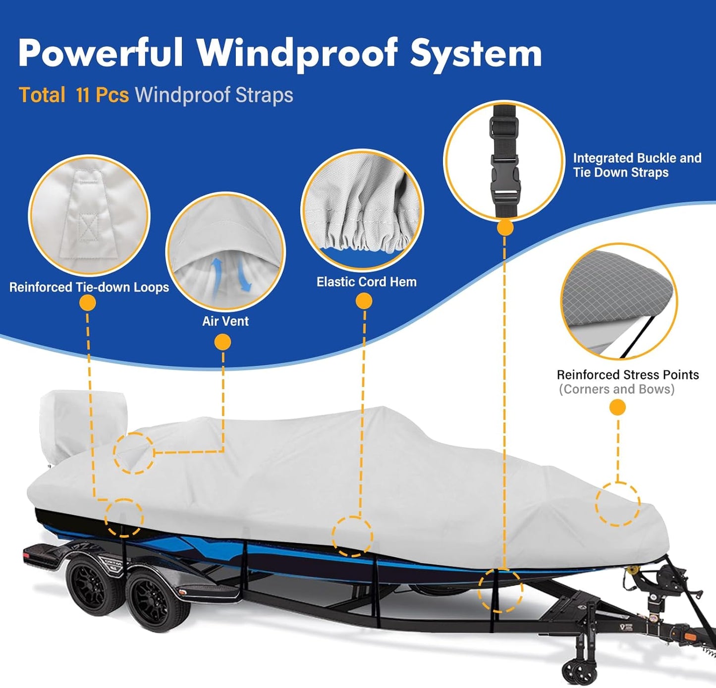 1200D Waterproof Boat Cover - Heavy Duty Gray Canvas for 16' to 18.5' Bass, V-Hull, Tri-Hull & Bowrider Boats