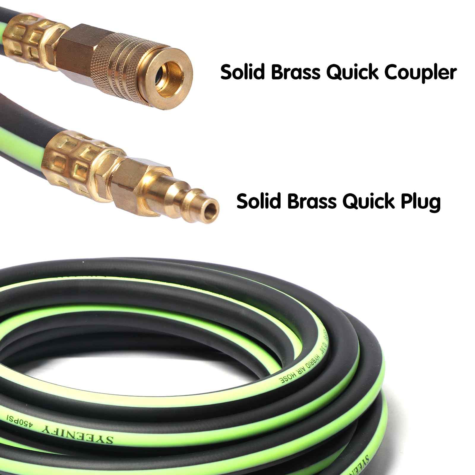 SYEENIFY Air Hose 3/8 in x 10 ft, Thickened 5 Layers Heavy Duty, Kink Resistant, 450PSI Hybrid Air Compressor Hose All-Weather Flexibility with 1/4" Industrial High Flow Quick Brass Coupler and Plug