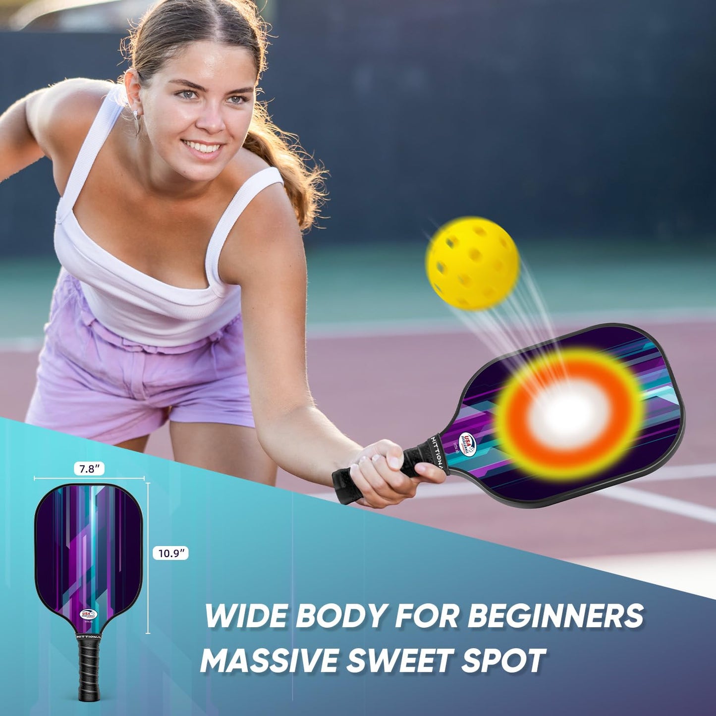 HITTIONA Pickleball Paddles - Fiberglass Pickleball Paddles Set of 4, USAPA Approved Pickle Ball Rackets 2 Pack with 4 Pickleball Balls, 1 Pickleball Bag, Paddles Ball Set for Beginners