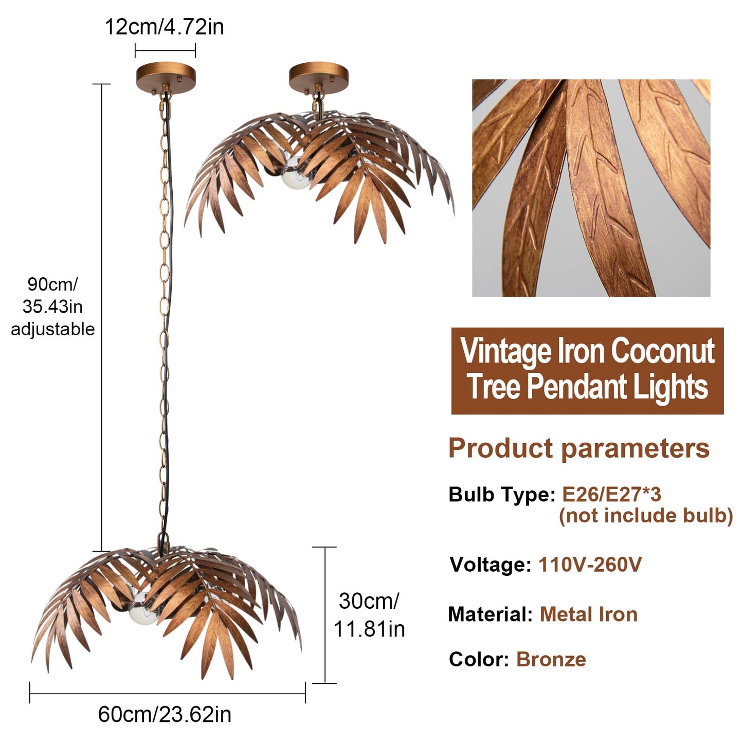 JCPYIUL Vintage Adjustable Tropical Coconut Tree Chandelier Rustic Leaves Pendant Light Palm Coconut Trees Creative Art for Bedroom Hallway Bar Kitchen Hanging Lighting Fixture