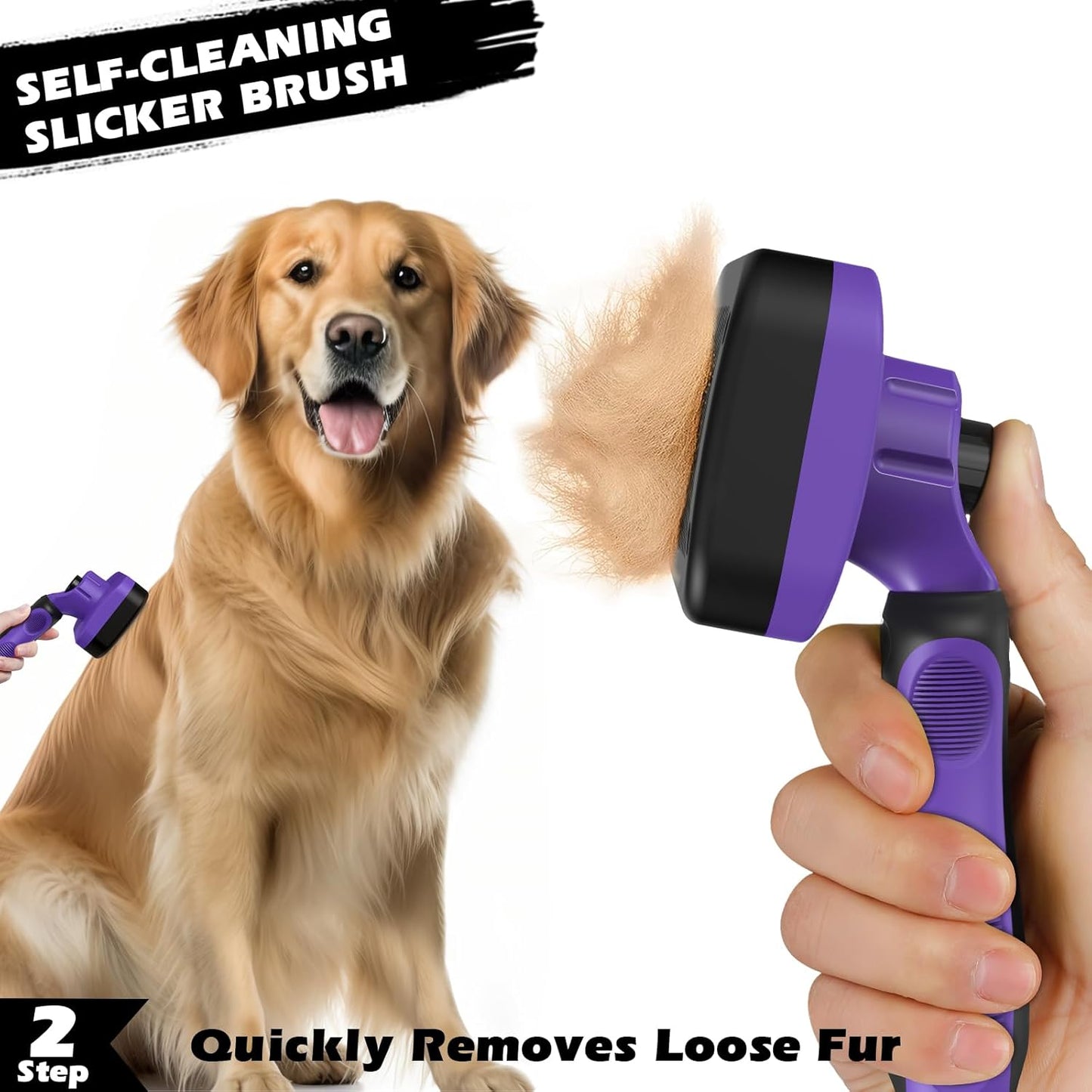 Skiennix Self-Cleaning Slicker Brush Set - Double-Sided Grooming Rake & Flea Comb for Dogs, Cats, Horses | Skin-Friendly Deshedding Tool (Purple)