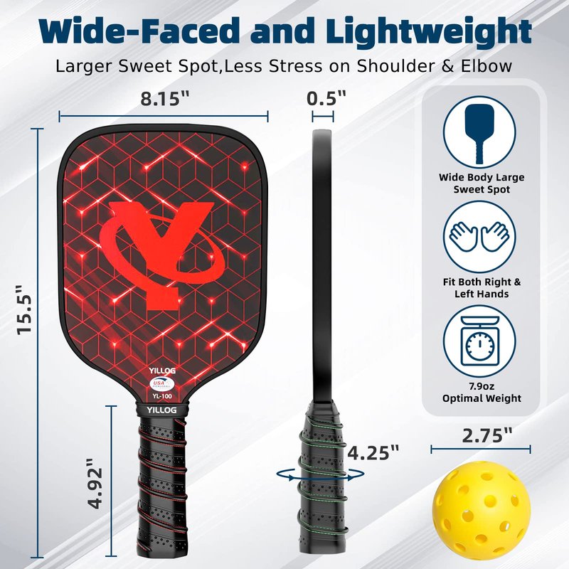 YILLOG Pickleball Paddles,USAPA Approved Pickleball Paddle Set 4,Fiberglass Surface Pickleball Set,4 Pickleball Balls,4 Cooling Towels,Bag,Pickle Ball Paddle Men Women Red/Blue/Green/Yellow