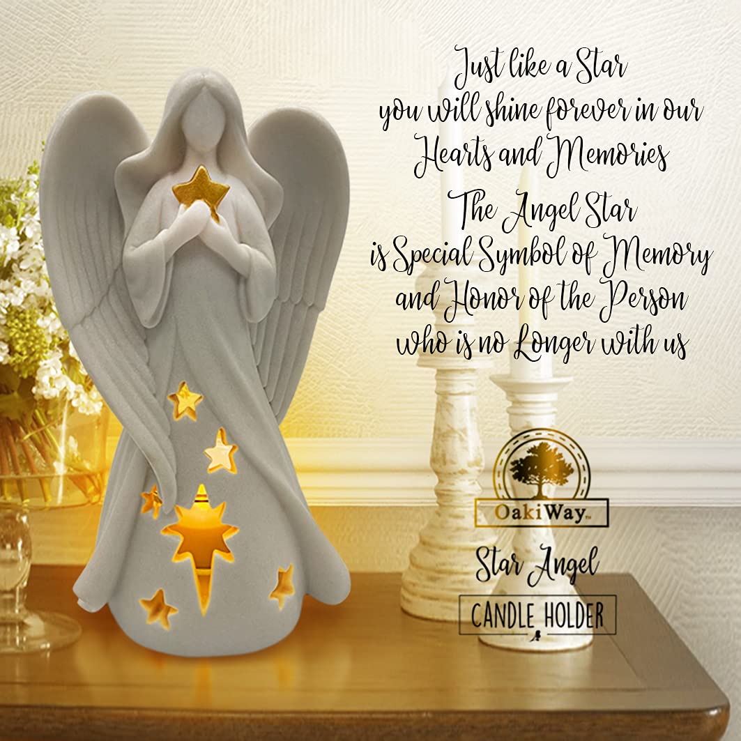 OakiWay Sympathy Gifts - Star Angel Tealight Candle Holder with Flickering LED Candle, Memorial Present for Loss of Loved One, Bereavement & Remembrance Home Decor