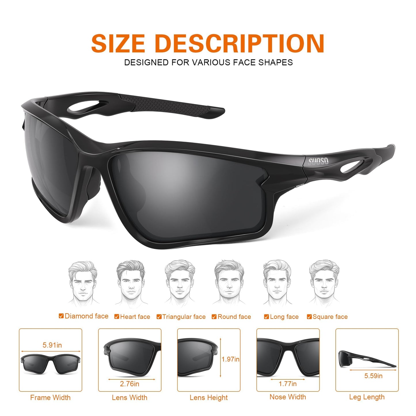 suoso Sports Polarized Sunglasses for Men: TR90 UV400 Protection Sun Glasses Squash Goggles Wrap Around Goggles for Drving