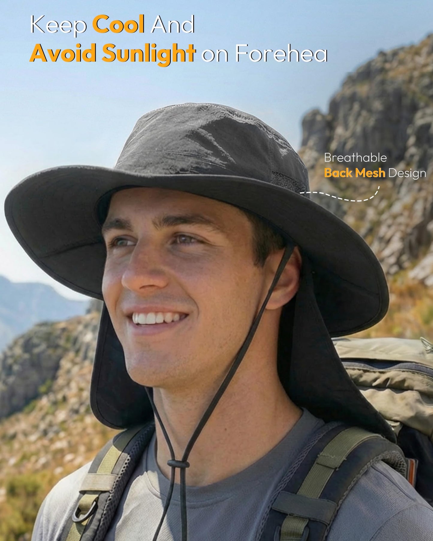 OLIKER Sun Hats for Men Wide Brim Bucket Hat with Neck Flap for Fishing & Hiking Mens Sun Hat for UV Protection (US, Alpha, One Size, Dark Grey)