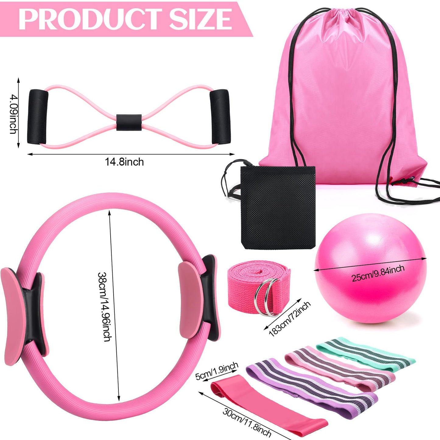 RoundFunny Pilates Ring Circle Set 15 Pcs Exercise Equipment Accessories for Women Workouts Pilates Ball Stretching Strap Gym Backpack Resistance Band Arm Stretcher for Training Body Shape