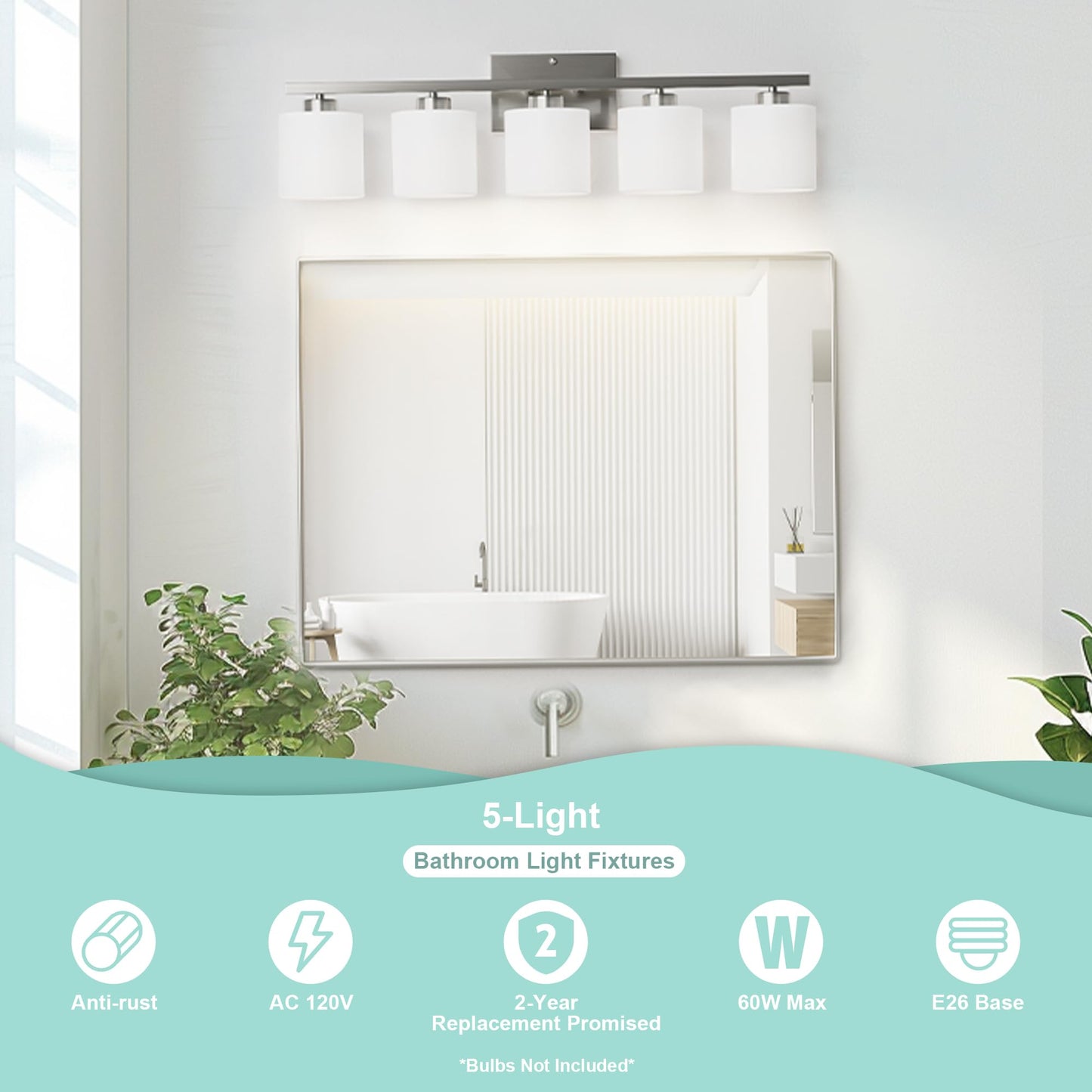 Honesorn Modern Vanity Lights - 5-Light Bathroom Fixture with Frosted Shade & Anti-Rust Nickel Finish