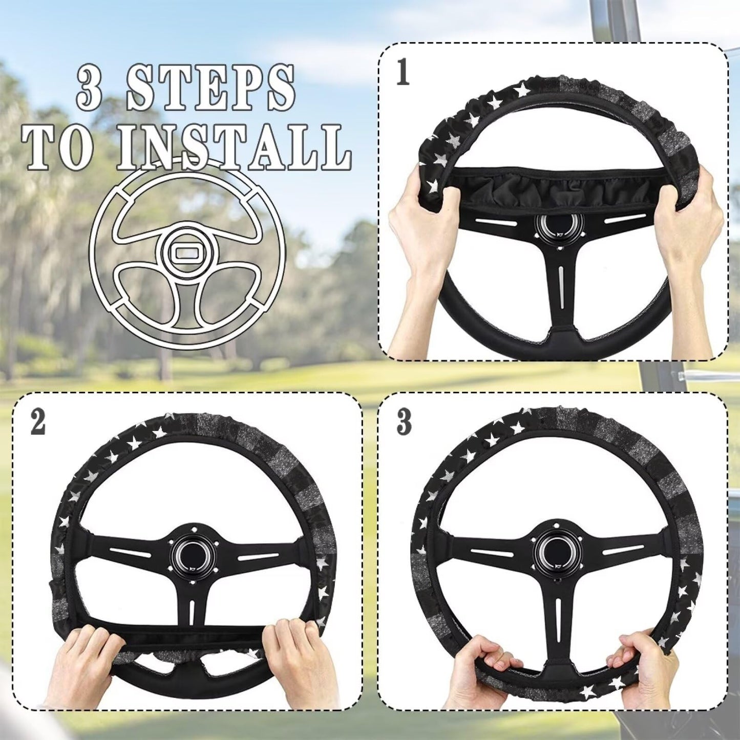 SUITOSELFY Grey and Black Stars and Stripes Golf Cart Steering Wheel Covers 13 inch Patriotic Golf Cart Accessories Decor Stretchy Anti-Slip Golf Cart Steering Wheel Cover Protector