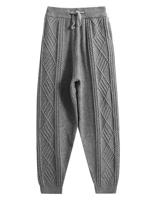 Gihuo Women' s Cable Knit Sweater Pants Long Knit Harem Pants Joggers Drawstring Elastic Waist Stretchy Knit Pants(Grey-Medium)