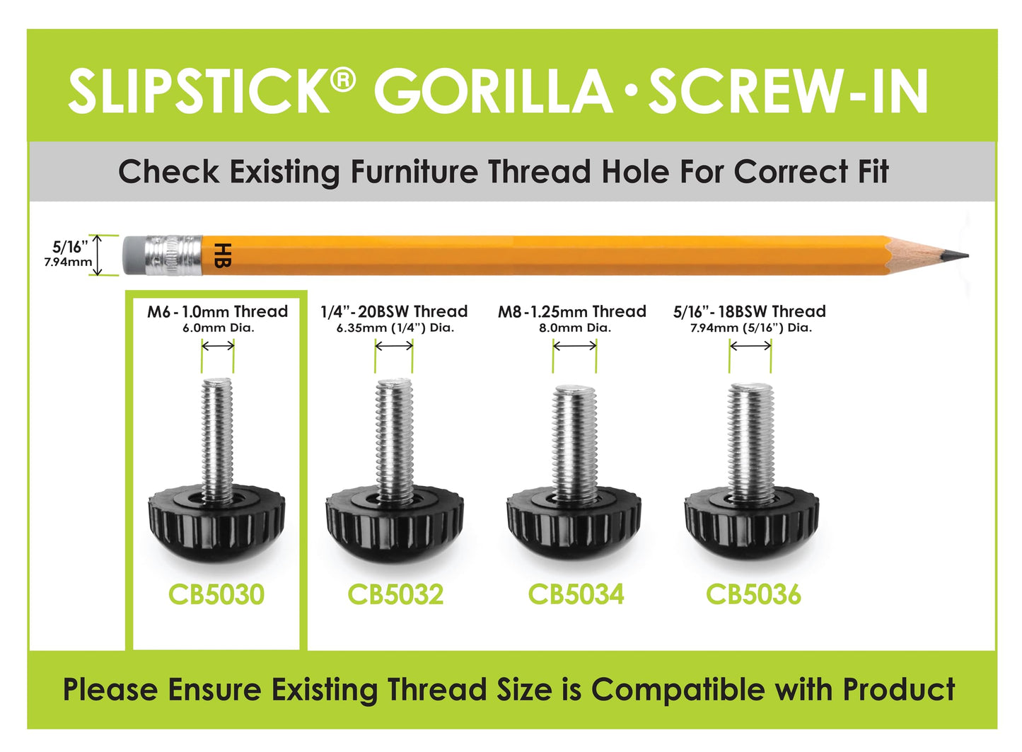 Slipstick Gorilla Outdoor Adjustable Furniture Levelers (8 Pack) Weatherproof Screw in Leg Glides for Chairs, Tables, and Outdoor Furniture Feet, 7/8 Inch Nylon Spherical Glide, M6 Thread
