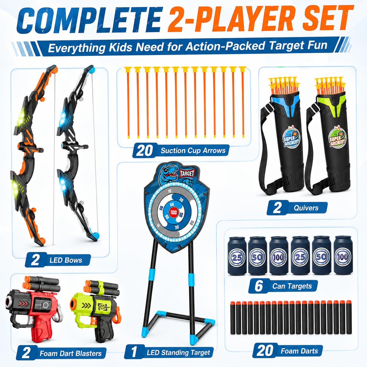 VROGTIK 2 Pack Kids LED Bow and Arrow Set with Standing Target, 20 Suction Cup Arrows, 2 Quivers & Foam Dart Toys, Indoor Outdoor Archery Toy Gift for Boys Girls Ages 3-12