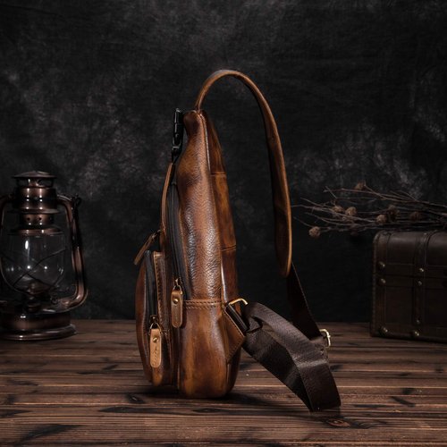 Le'aokuu Men Fashion Casual Tea Designer Travel Hiking Crossbody Chest Sling Bag Rig One Shoulder Strap Bag Men Leather 8015 (Gold)