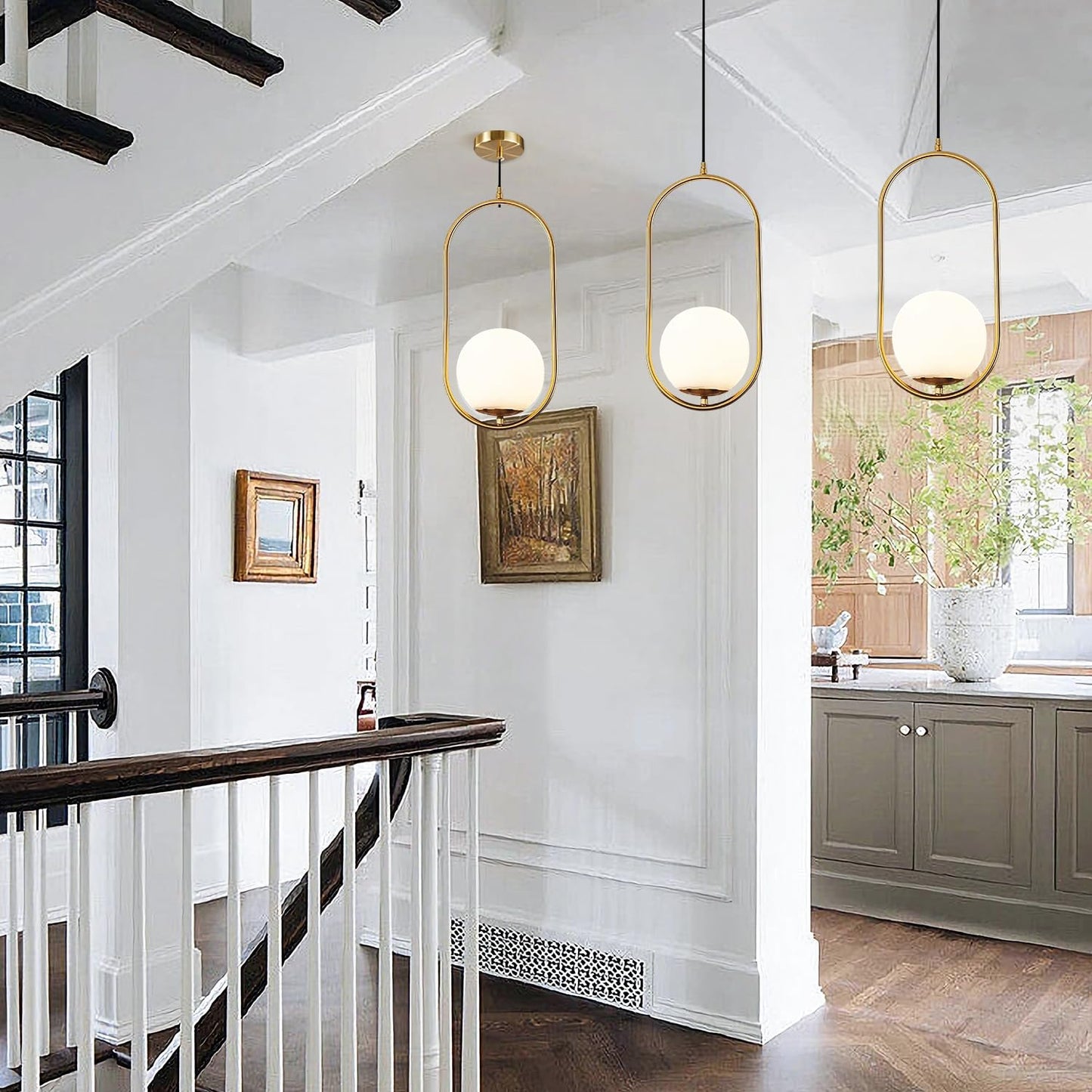 BOKT Modern 1-Light Large Globe Pendant Light Fixture Mid Century Brass Gold White Glass Pendant Lighting Kitchen Island Minimalist Round Ceiling Hanging Pendant Lamp (White-Large)