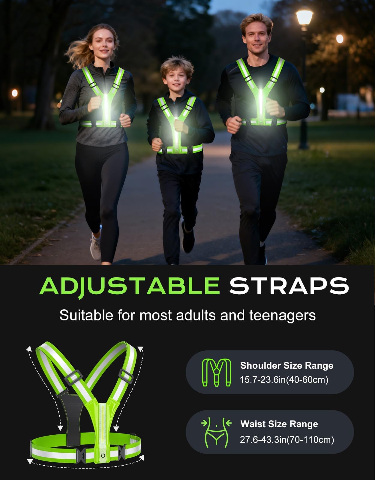 Cuvccn LED Reflective Vest Super Bright Lighting, 360° Visible Running Light for Runners, Waterproof Adjustable Reflective Running Vest Headlamp Gear for Men/Women/Kids Night Walking/Running/Cycling