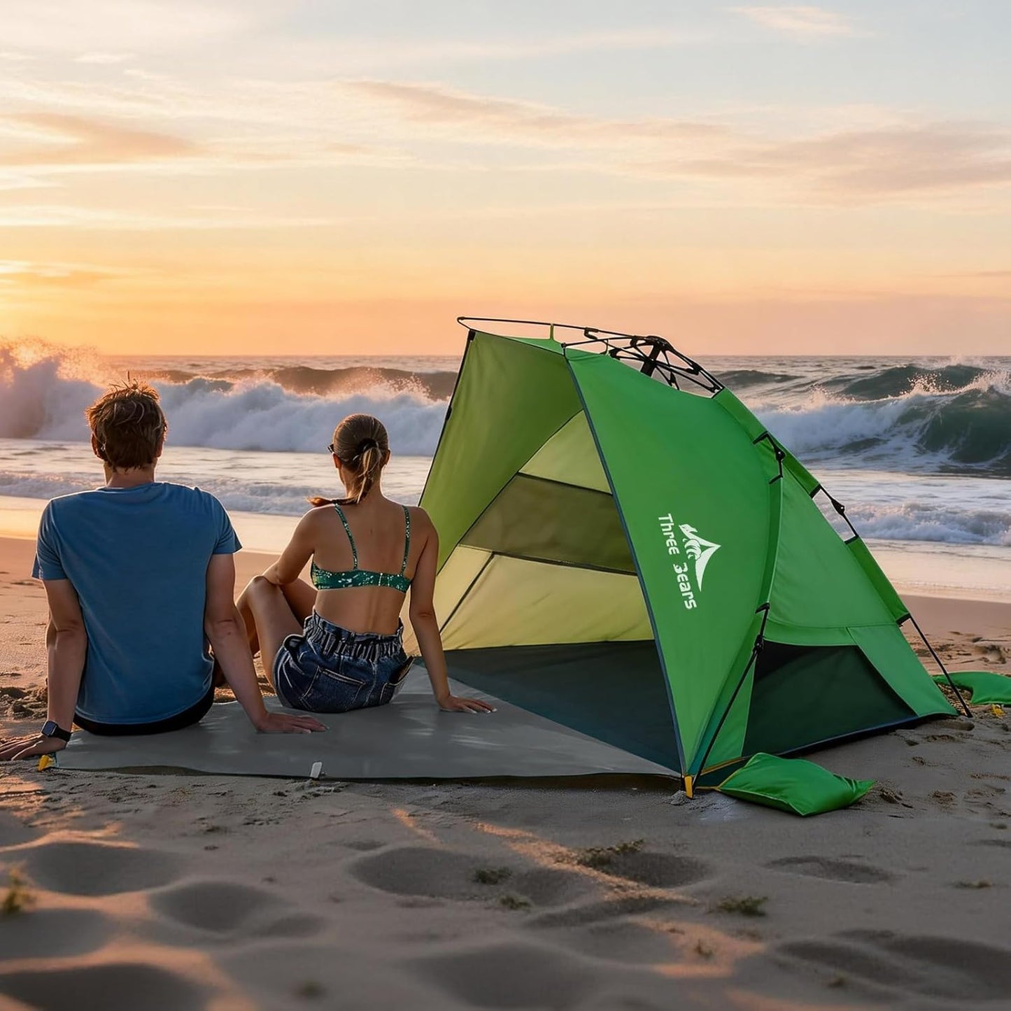Three Bears Pop Up Beach Tent - Lightweight UV Protection Canopy for 3-4 People | Easy Setup, Green