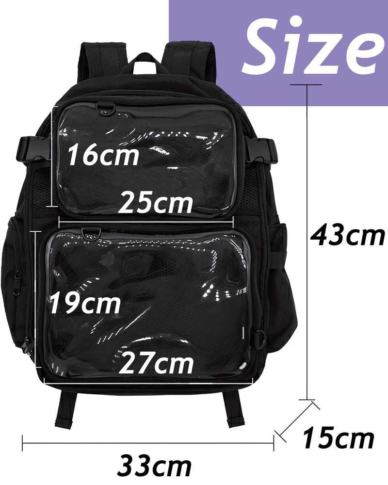 VOUSXLLEZ Ita Bag Backpack Double Window Pins Bag with insert, Backpack for Cosplay and Concert(Pins NOT Included) (Black)