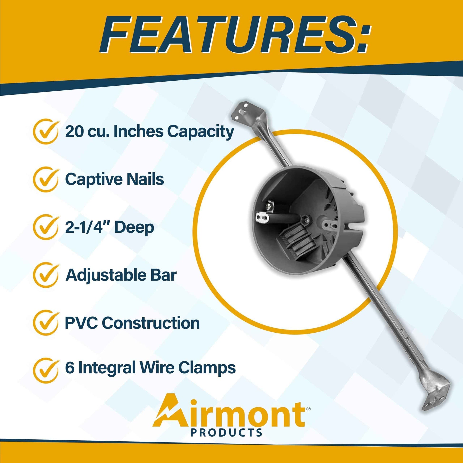 Round PVC Electrical Box with Adjustable Bar, for New Work, Bar Adjusts from 16 to 24 Inches, Grey Fixture Box, 20 Cubic Inch Capacity, Supports Up to 50 lbs., for Non-Metallic Sheathed Cable