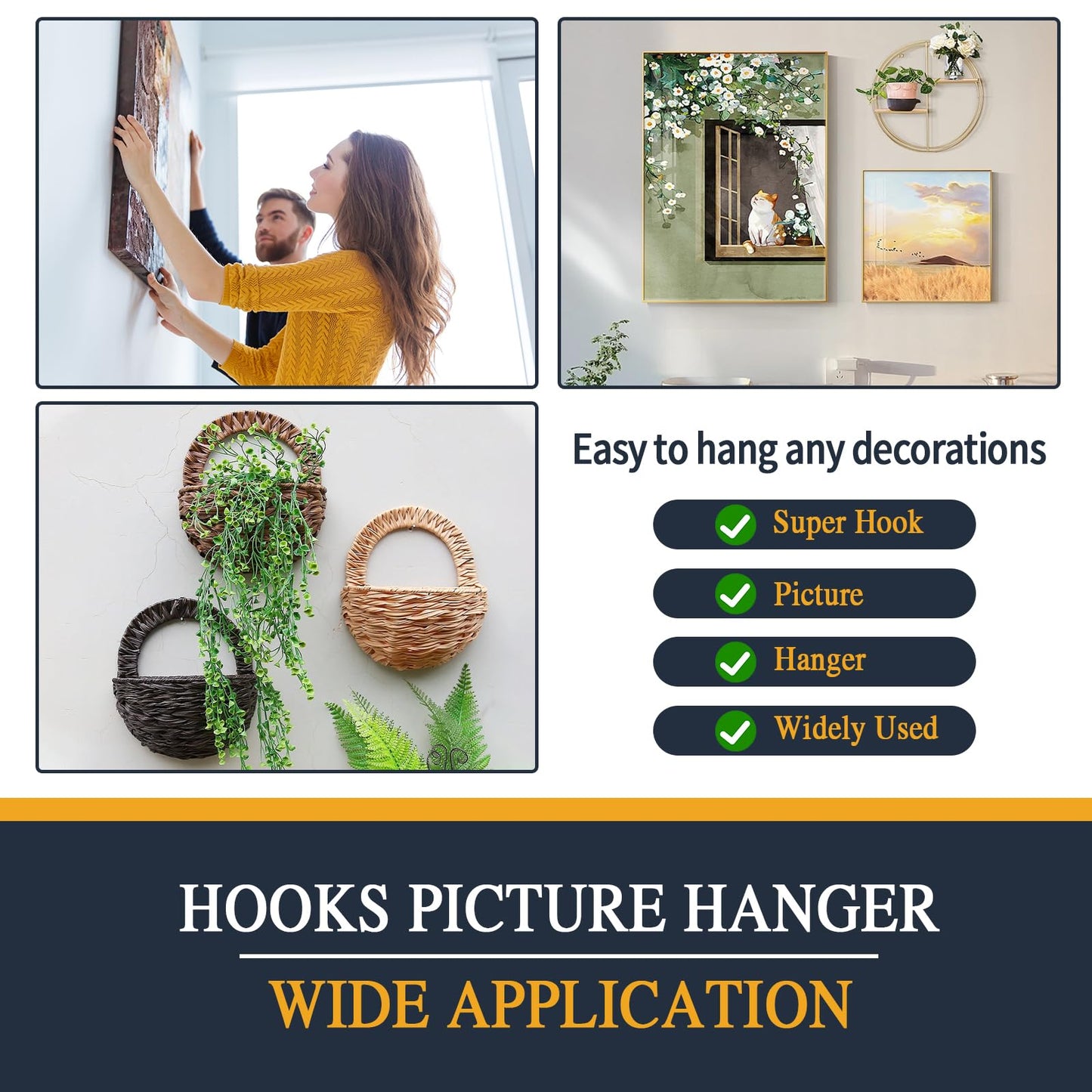 MIHUYAN Picture Hanger Super Hook 50PCS,High-Quality Steel Picture Hanger Hercules Hooks,Used for Drywall, Wood Wall, Plaster Wall, can Hang Photos, Art, Clock, Mirror