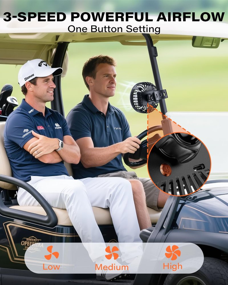 A2C 2-Pack Rechargeable Golf Cart Fan, Battery Operated Clip On Fan for EZGO Club Car Yamaha, 360° Rotating Portable Summer Cooling Fan, Golf Season Course Cart Essential Accessories for Outdoor (2)