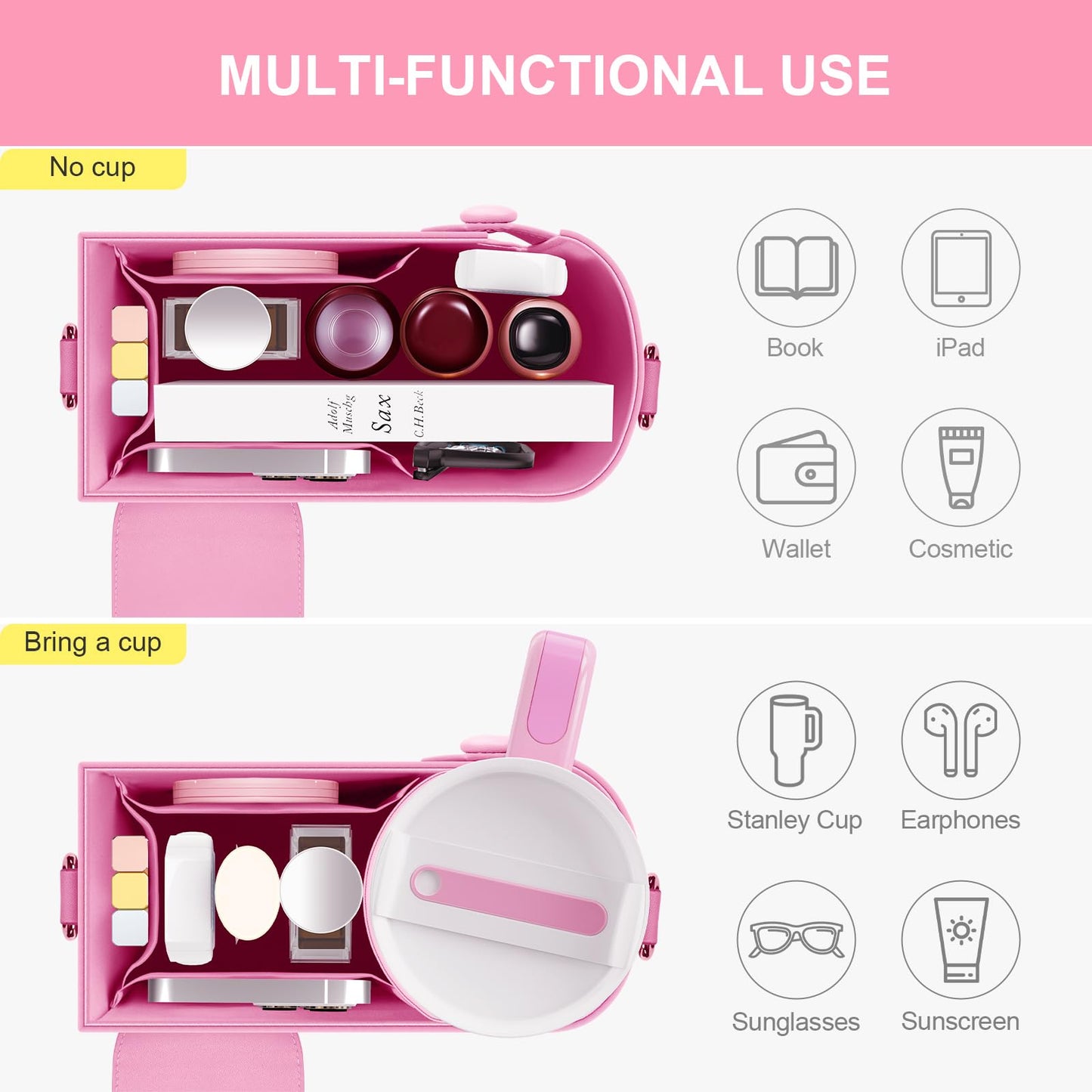 Crossbody Bag for Stanley Cup Purse, Outdoor Portable Water Bottle Holder with Adjustable Shoulder Strap (Pink)