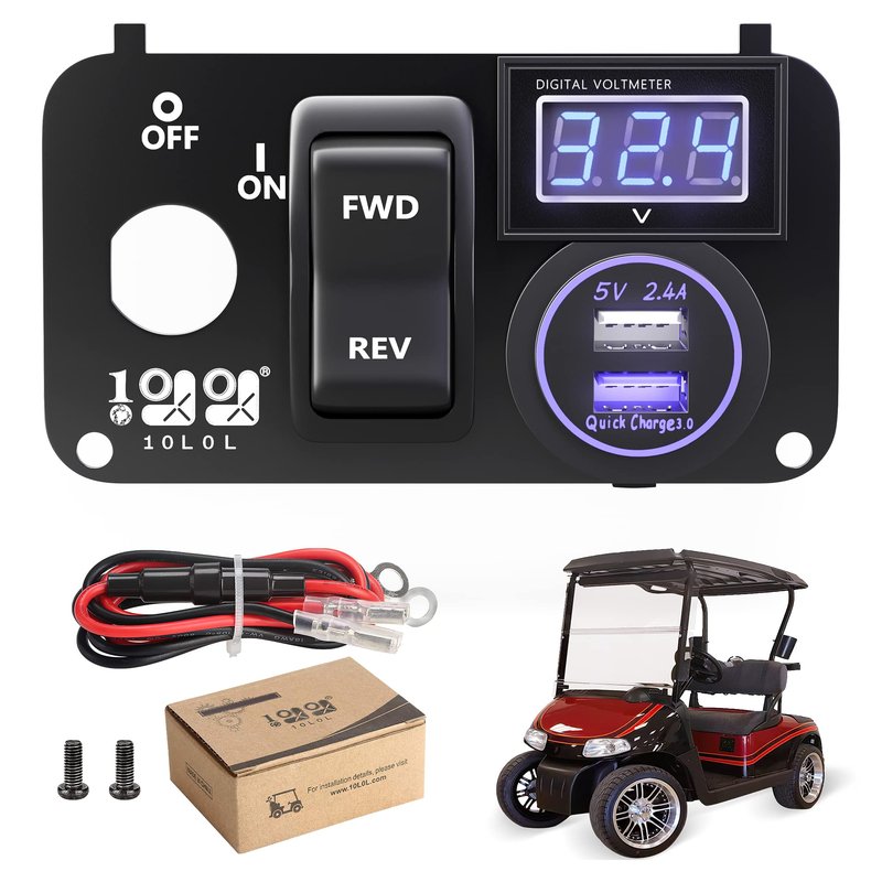 10L0L Golf Cart Integrated Panel Fit for EZGO TXT PDS Golf Models,3in1 Multifunctional Console,12V 3.0 Fast Charge Dual USB Charger Socket & LED Digital Voltmeter & Forward Reverse Switch Button