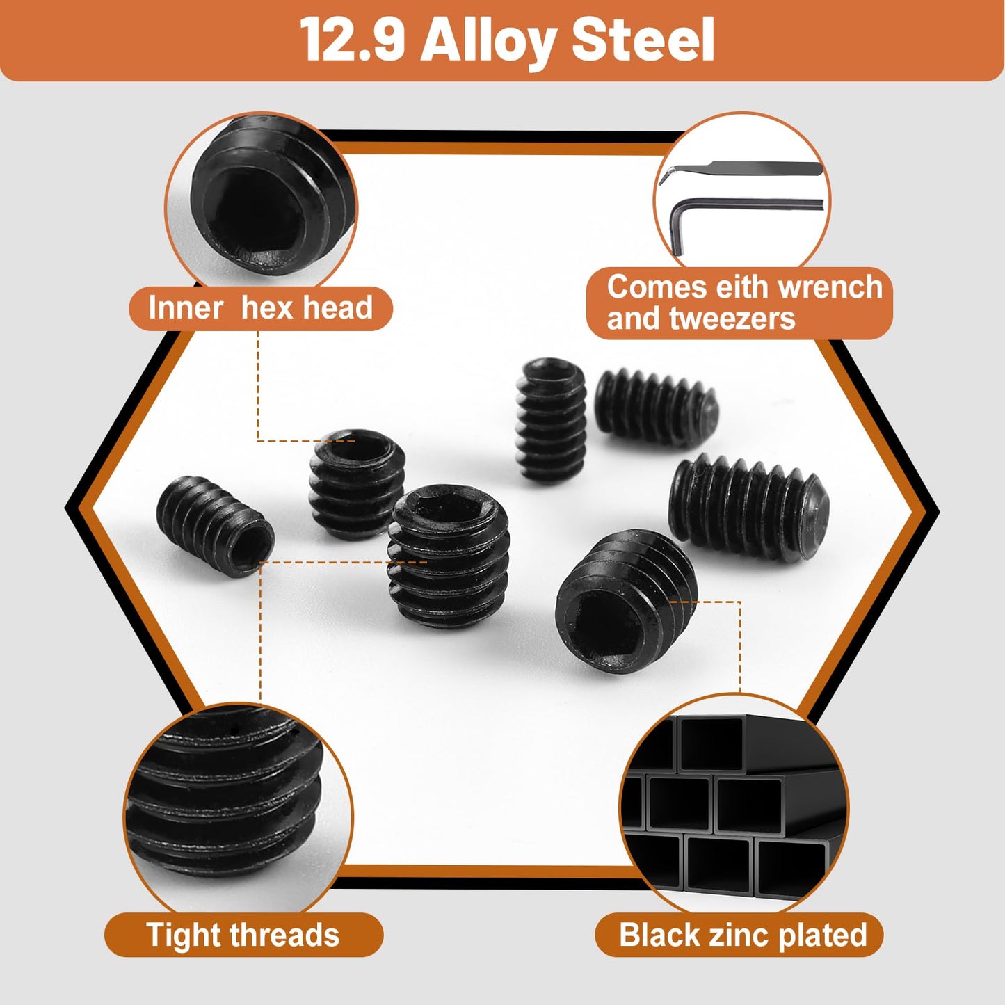 500 Pcs 25 Size Set Screws Metric&SAE Set Screw Assortment Kit 12.9 Alloy Steel Head Socket Metric Set Screws for Bathroom Fixtures Door Handles(M3-M8, 1/8"-40 to 5/16"-18)