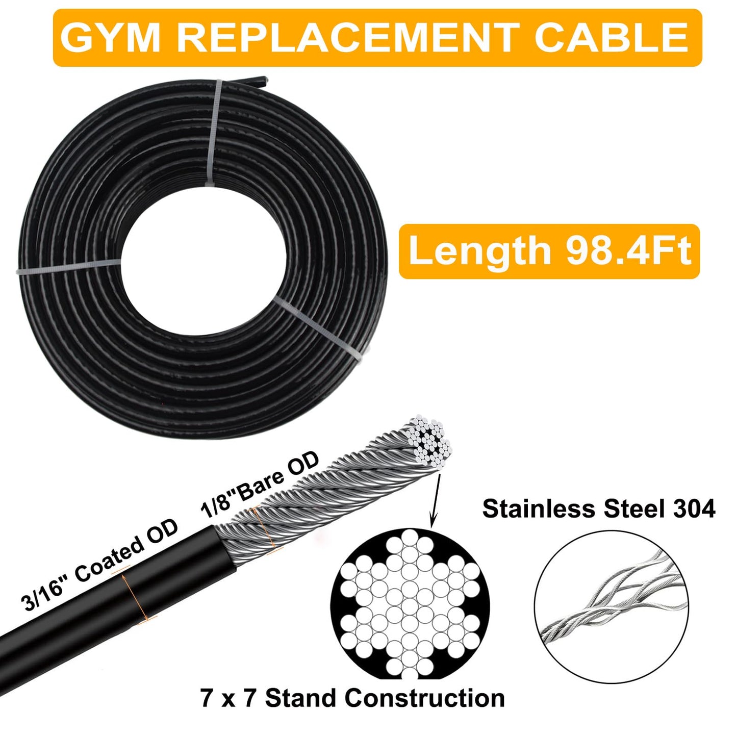 FOLUXING 98.4Ft Fitness Pulley Cable,Replacement Cable Machine Accessories for DIY Home Gym, Gym Cable Replacement,PVC Coated,Thick 3/16"(5mm)