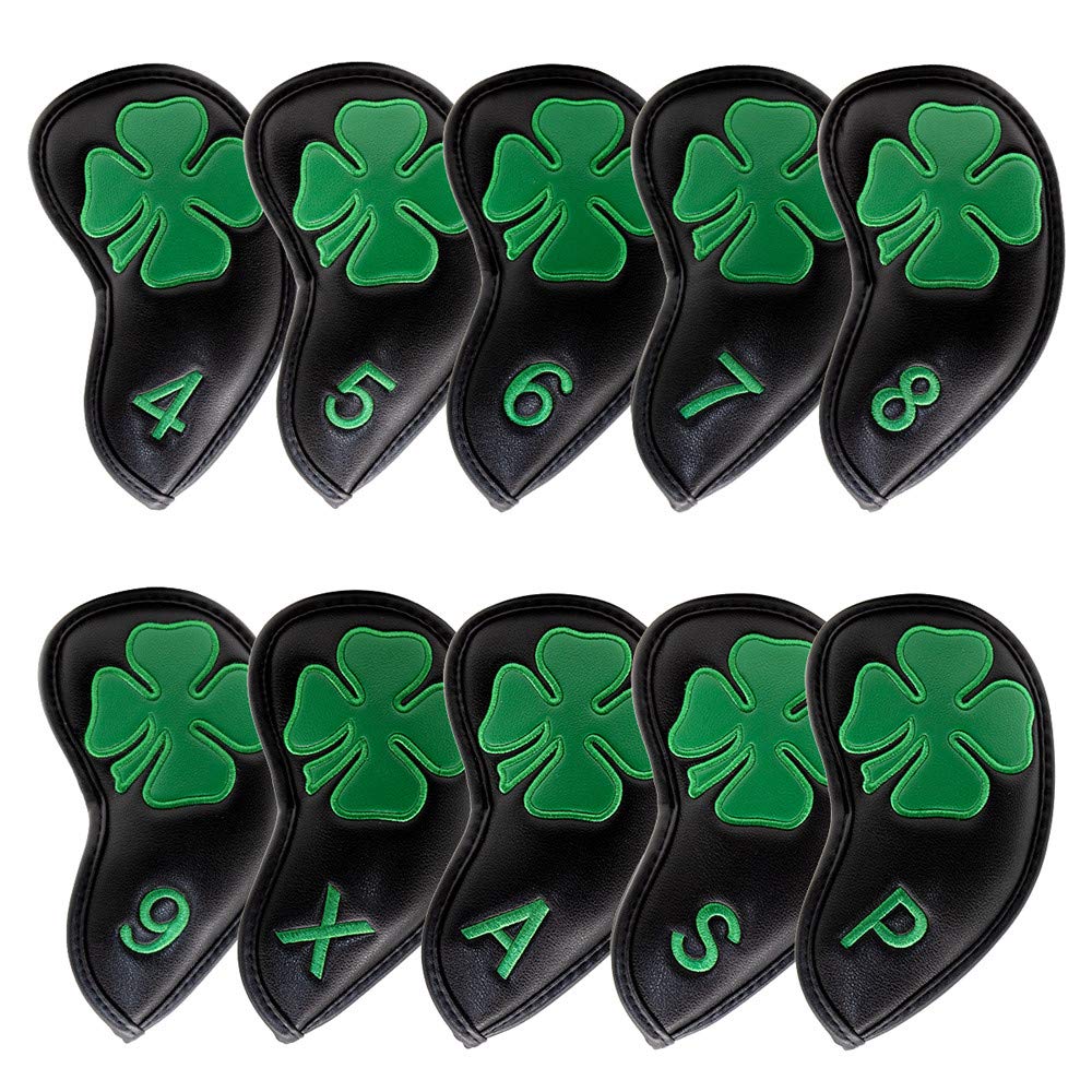 Golf Iron Covers Headcovers Club Head Cover, 4 Leaf Clover Synthetic Leather Made for Oversized Standard Small Size Pack of 10 (Black)