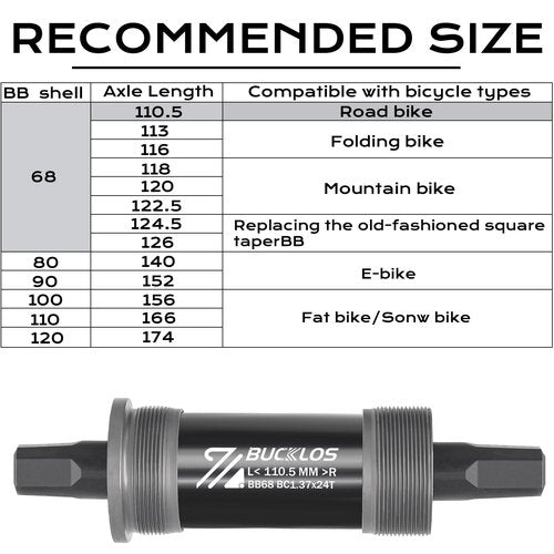 BUCKLOS Bike Square Taper Bottom Bracket - 68/80/90/100/110/120x110.5 113 116 118 122.5 127 140 152 156 166 174mm Bicycle BSA Brackets for Mountain/MTB/Road/Fat Bike/Ebike