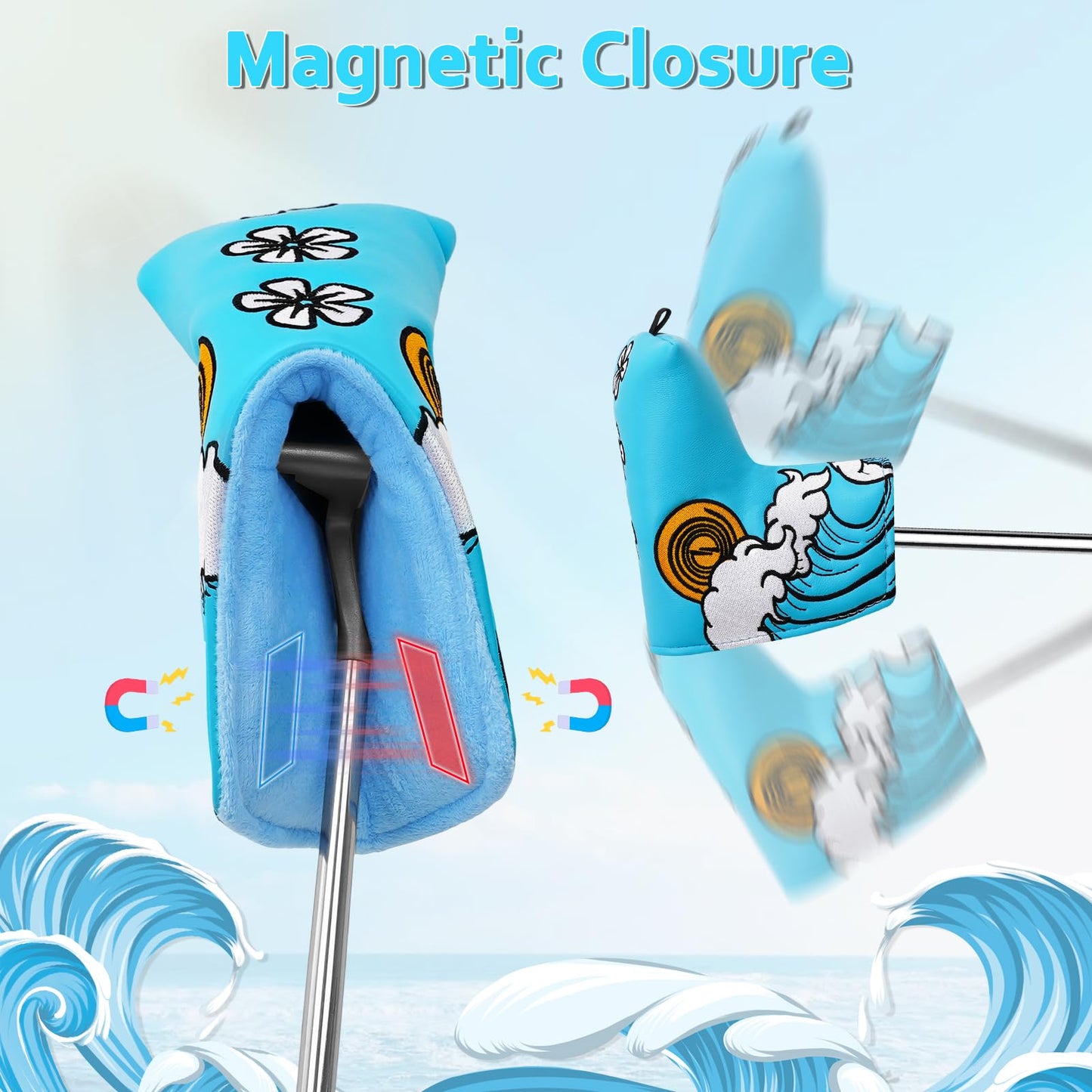 Putter Headcover, Blade Putter Cover Magnetic Blue Sea Wave Golf Putter Head Cover