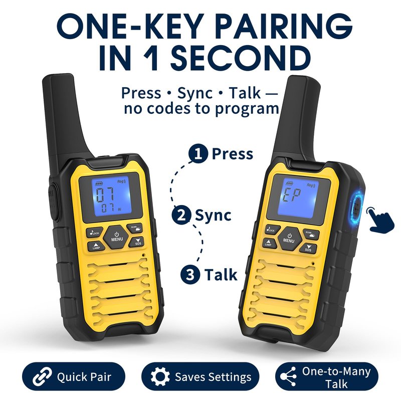 Wishouse K15 Walkie Talkies Long Range for Adults, Rechargeable Two-Way Radios 4 Pack, 2W FRS, 22 Channels, USB-C, Flashlight, NOAA/SOS, Quick Pair, for Camping & Hunting, Emergency Use