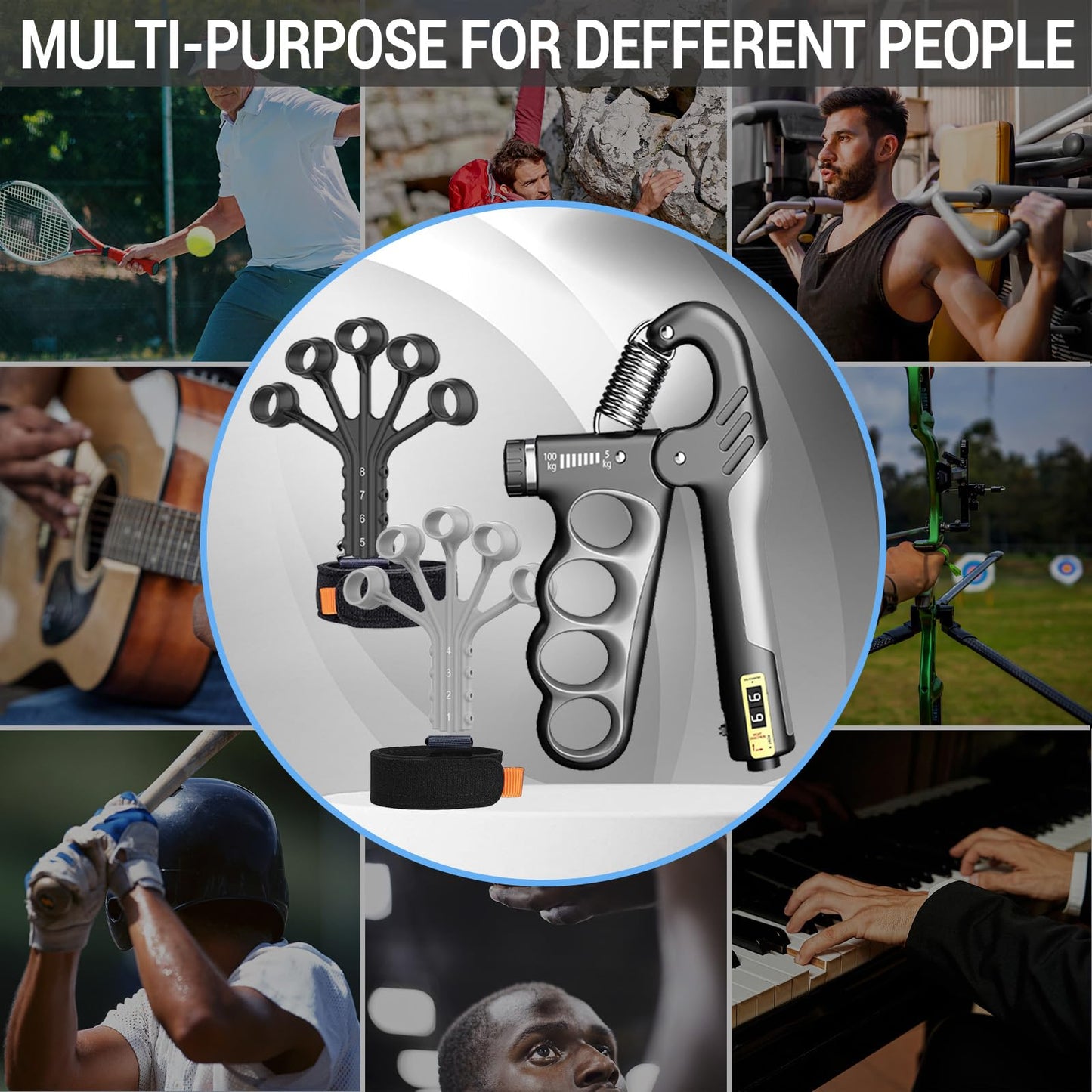 Hand Grip Strengthener, Forearm Strength Trainer- Adjustable Resistance 11-220Lbs Hand Grip with Counting,Finger Exerciser,Hand Extension Exerciser for Muscle Building and Injury Recover Combo Set