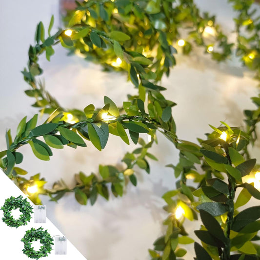 2 Pack 6ft Fairy Lights with Green Leaf Garland, Battery Operated,20 LED Artificial Garland Plant Vine Light Perfect for Bedroom, Christmas,Wall, Garden, Wedding, Party Centerpiece,Decor (Warm White)