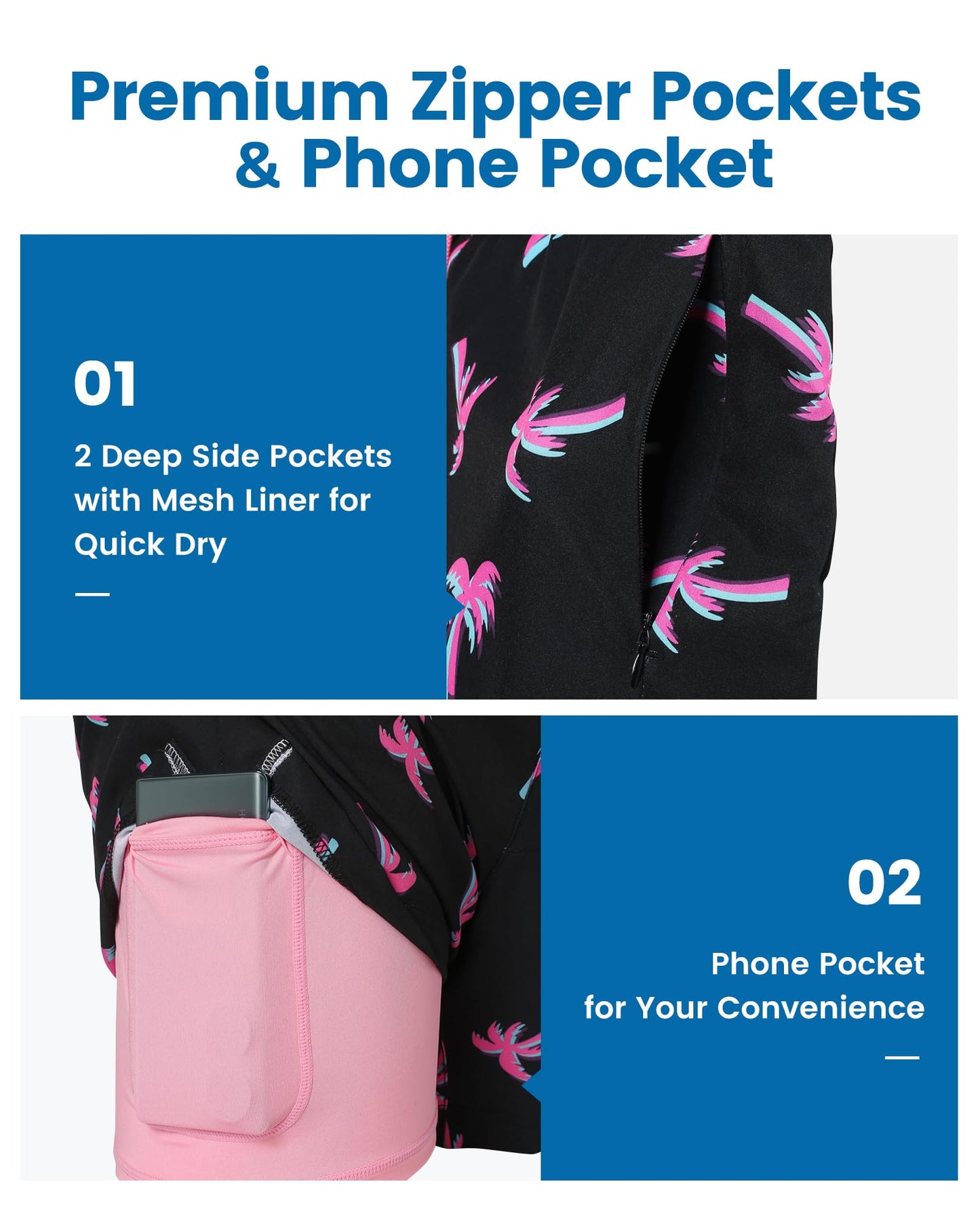 maamgic Mens Swim Trunks with Compression Liner 5 Inch, Quick Dry Bathing Suit with Zipper Pockets, Stretch No-Chafing Swim Shorts, Pink-Black Coconut Tree X-Small