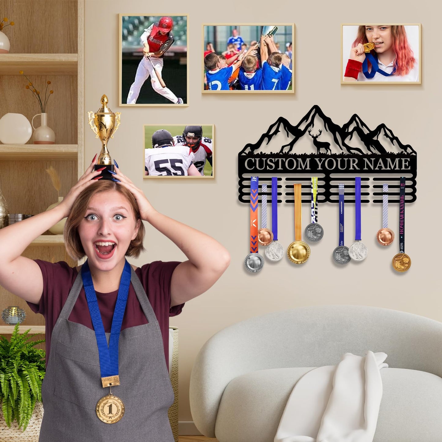 Personalized Medal Hanger Display - Custom Name Medal Holder Rack Wall Mount Decor, Trophy Shelf Tiered Award Rack Award Ribbon Hanger, Women Sports Medal Holder Rack for Dancing, Cheer, Ballet