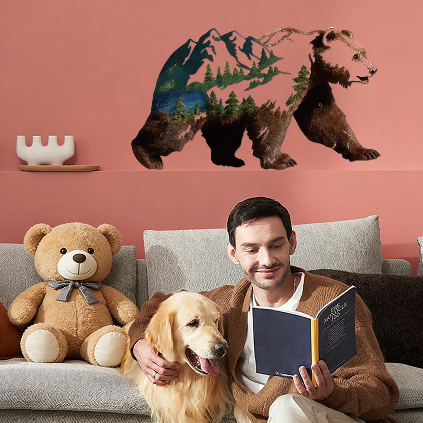 Resama Metall Bear Forest Pine Tree Wall Art Bear Peak Natural Scenery Wall Sign for Home, Wildlife Hunting Home Hanging Decorations for Living Room, Bedroom Kitchen Bathroom (Dark Brown)