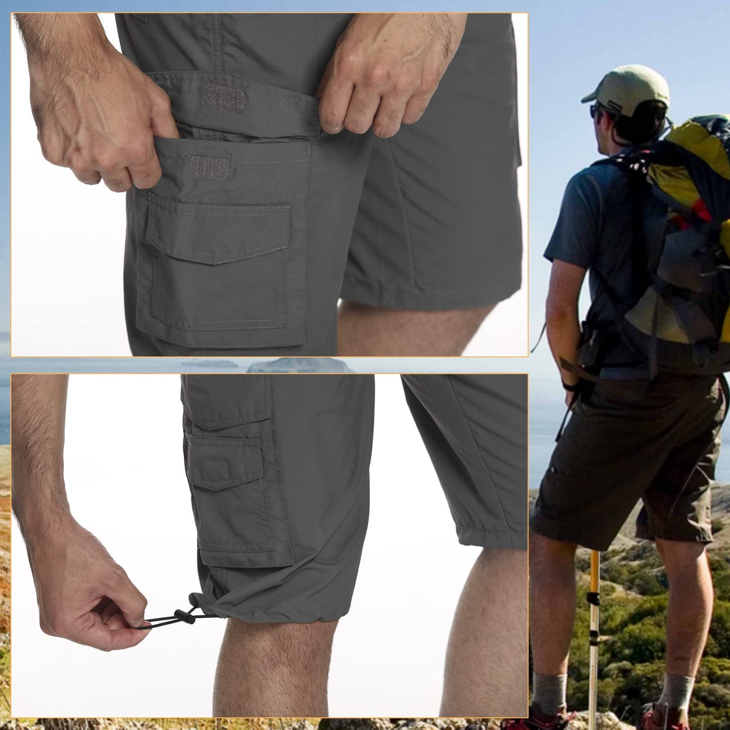 Jessie Kidden Mens Cargo Shorts Outdoor Casual Elastic Waist Lightweight Water Resistant Quick Dry Fishing Hiking Shorts (6013 Khaki 36)
