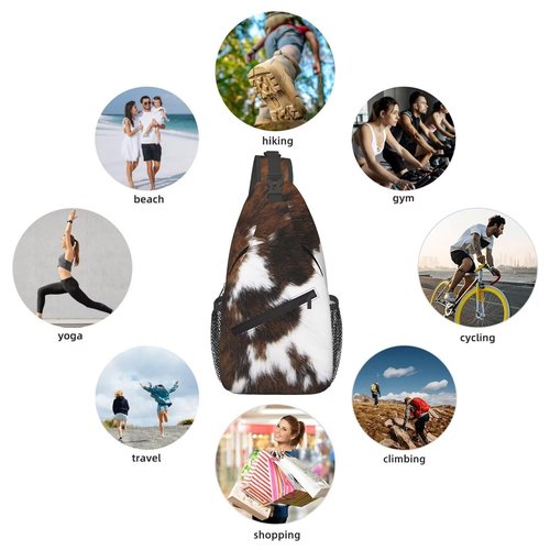 LOSTORCHI Cow Print Crossbody Sling Bags Spotted Cow Fur White and Brown Animal Skin Texture Sling Backpack for Women Men Casual Shoulder Bag Farmhouse Animal Skin Travel Gym Sports Hiking Daypack