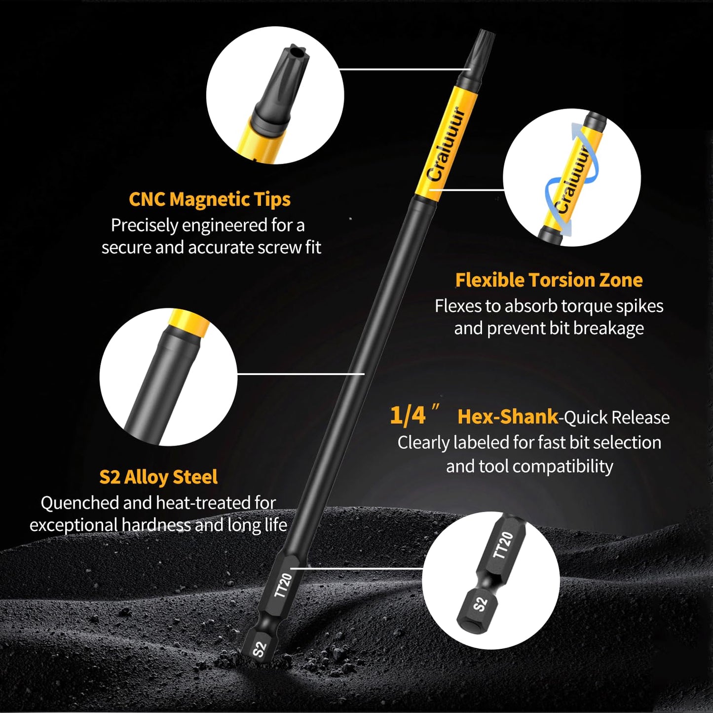 Craluuur 14PCS Impact Long Torx Bit Set, 6-Inch, T7–T40, Tamper Proof Star Bits Set, Magnetic Security Torx Bit Set with 1/4 Inch Hex Shank, S2 Steel, Ideal for Automotive, DIY, Electronics