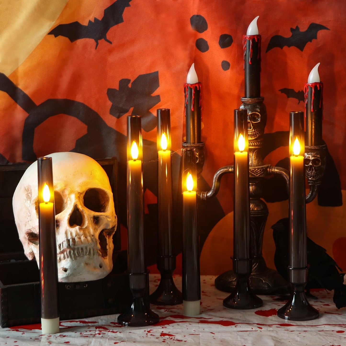KunSwenn Black Flameless Taper Candles with Remote, Halloween Battery Operated Taper Candles with Base, LED Flameless Battery Candlesticks for Home Holiday Decor(Set of 6, Acrylic Shell)