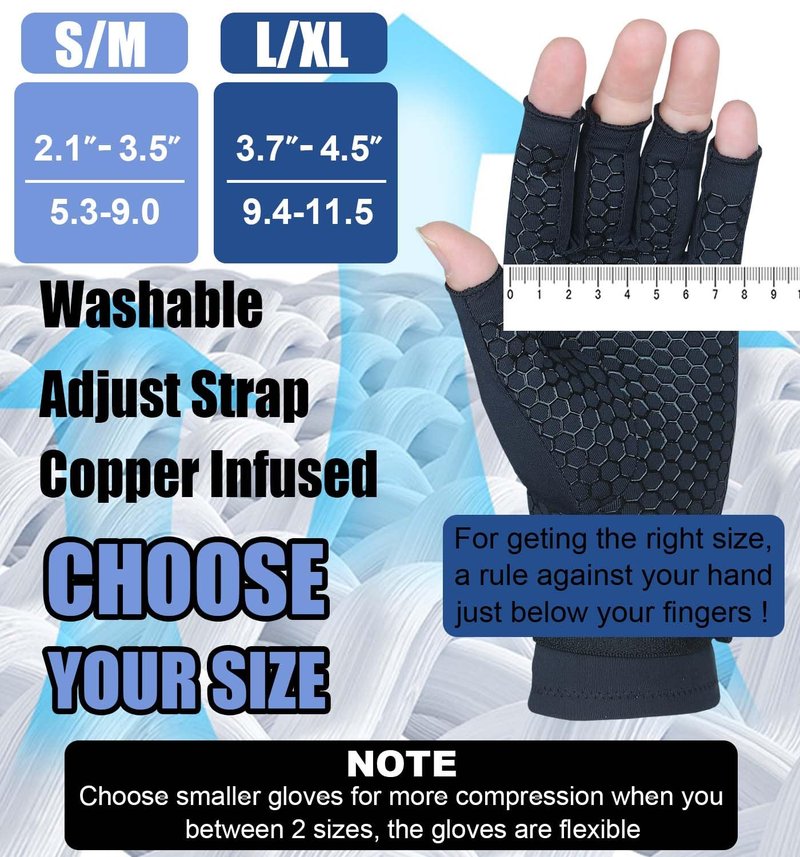 2 Pairs Copper Arthritis Gloves for Women Men, Compression Gloves with Adjust Strap for Arthritis, Wrist Support, Hand Pain, Fingerless Computer Typing Gloves for Carpal Tunnel, RSI (Small/Medium)