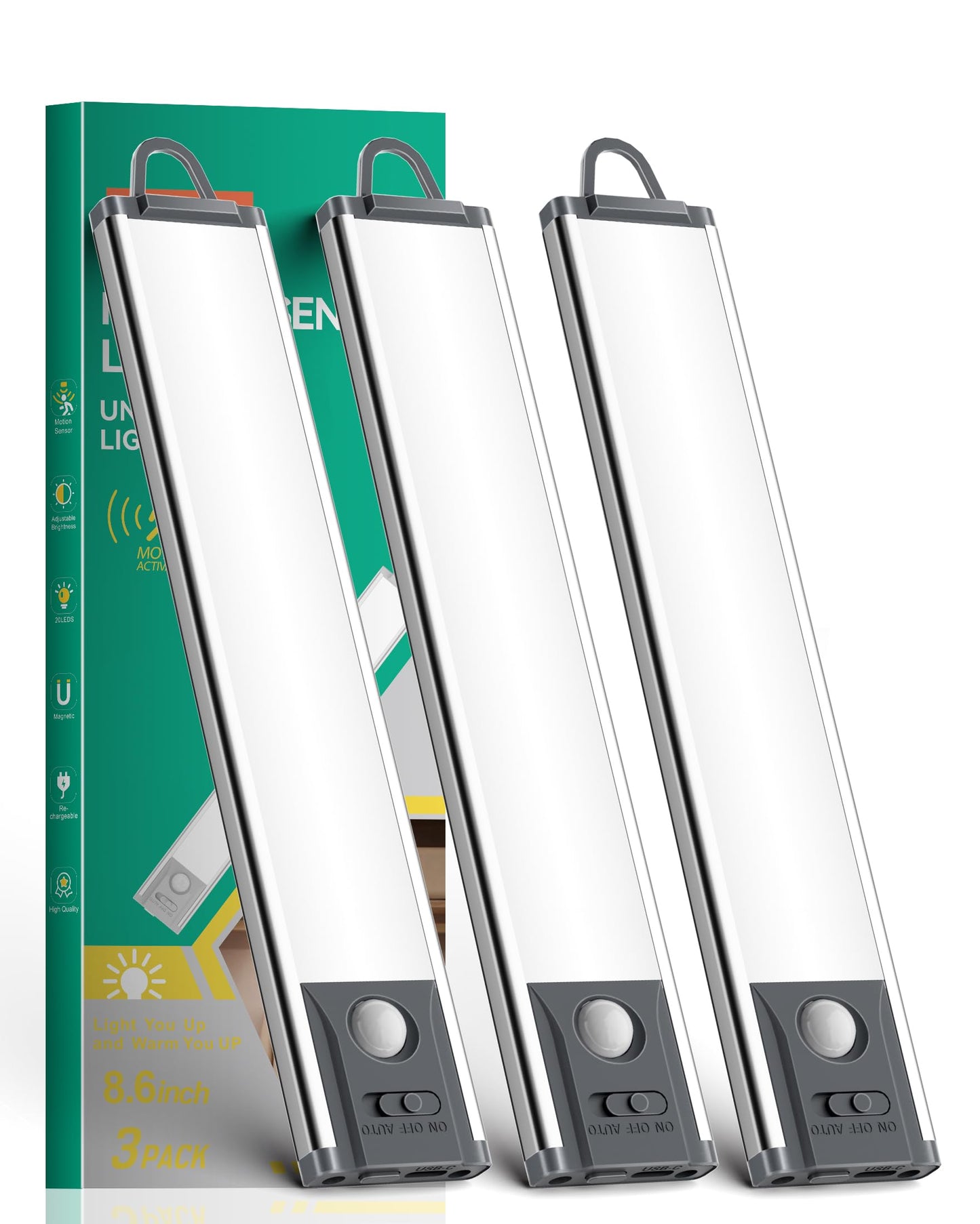 Under Cabinet Lighting 8inch Motion Sensor Light Indoor 1000mah Battery Operated Lights Closet Light Wireless Magnetic LED Lights Under Counter Lights for Kitchen Stair Bedroom woadrobe White 3pack