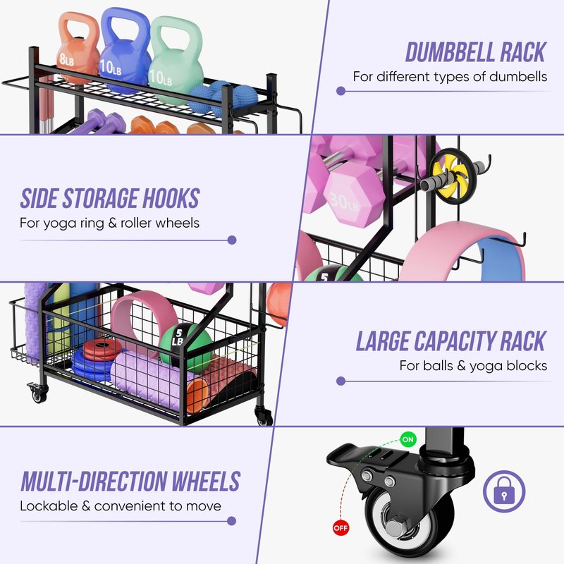 WUC Dumbbell Rack, Adjustable Weight Rack for Home Gym Storage, All-in-One Workout Storage Racks with Wheels and Hooks for Dumbbells, Kettlebells, Yoga Mats & Balls, Durable Powder Coated Steel, Black