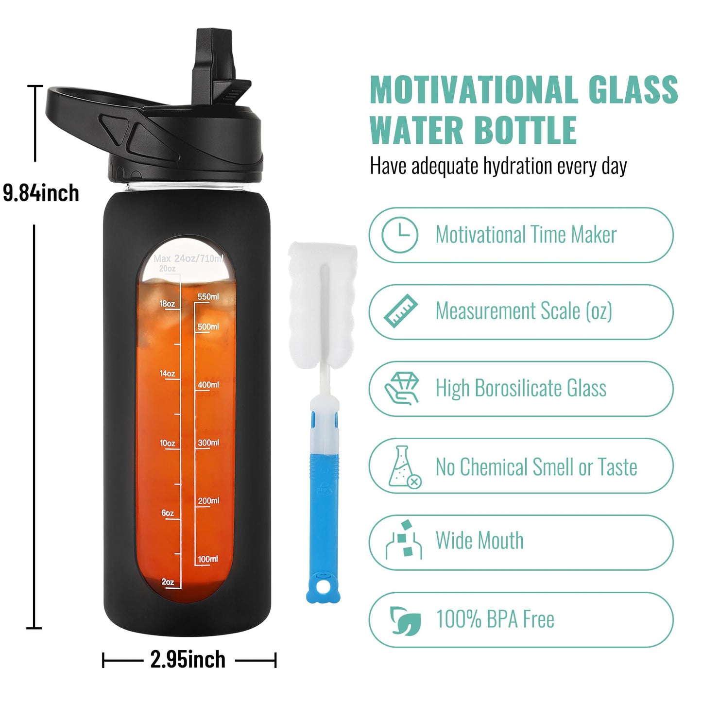 CIVAGO 24 oz Glass Water Bottle with Straw and Handle, Large Sports Motivational Water Bottle Flask with Time Marker and 2 Lids, Leakproof Jug Canteen with Silicone Sleeve for Gym, Navy Blue
