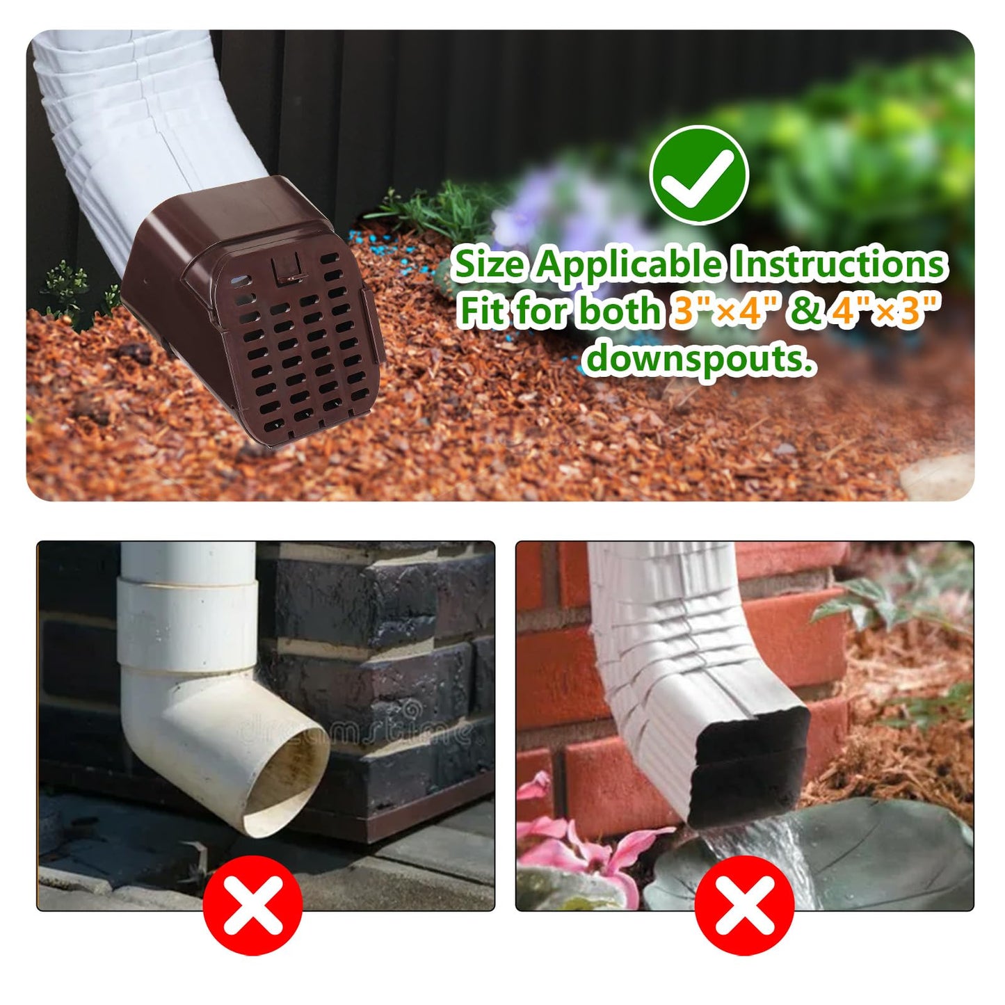 MARKBIT 3"x4" Type-A Gutter Downspout Extensions，Gutter Downspout Extensions，Downspout Diverter, Fit for The Bottom of 3 inch x 4 inch downspouts (1, Brown)