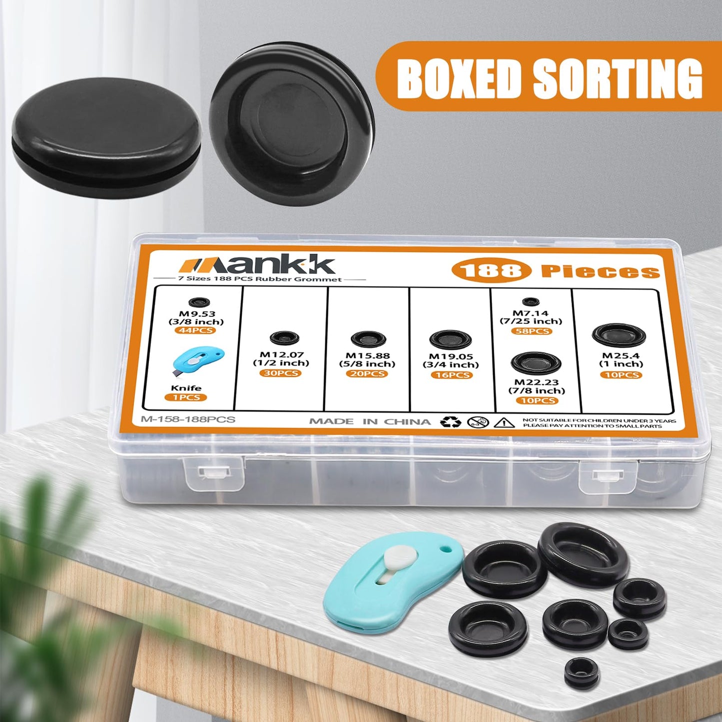 mankk 188PCS Closed Rubber Grommet Kit Firewall Hole Plug Assortment Kit 7 Size(7/25" 3/8" 1/2" 5/8" 3/4" 7/8" 1") Drill Hole Round Rubber Hole Plug with Knife