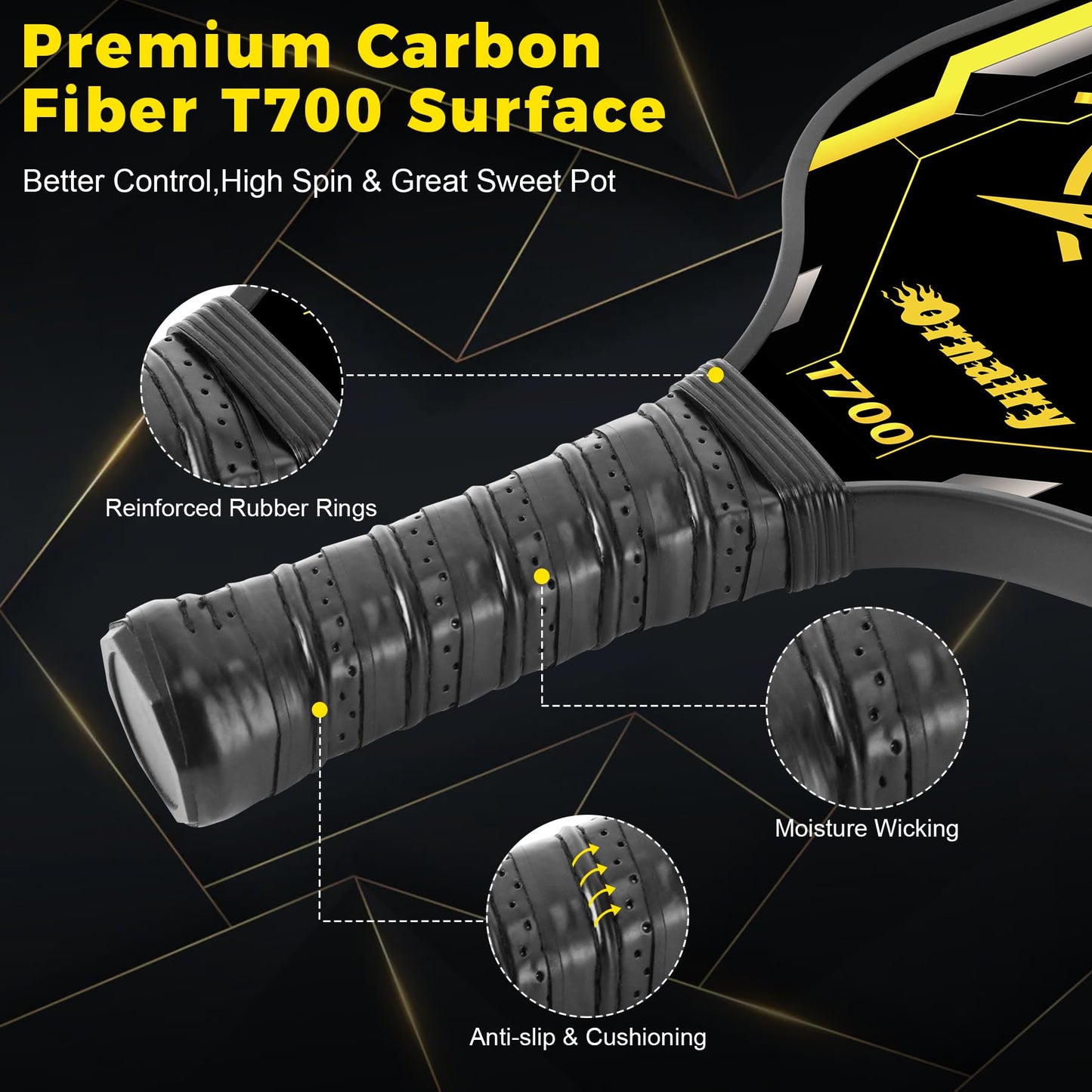 Carbon Fiber Pickleball Paddle: Pickle Paddle Carbon Fiber 16MM Large Sweet Pot High Grit & Spin, 5.5" Long Handle with Anti Sweat Grips Spin & Hybrid Power Paddle for Advanced & Professional
