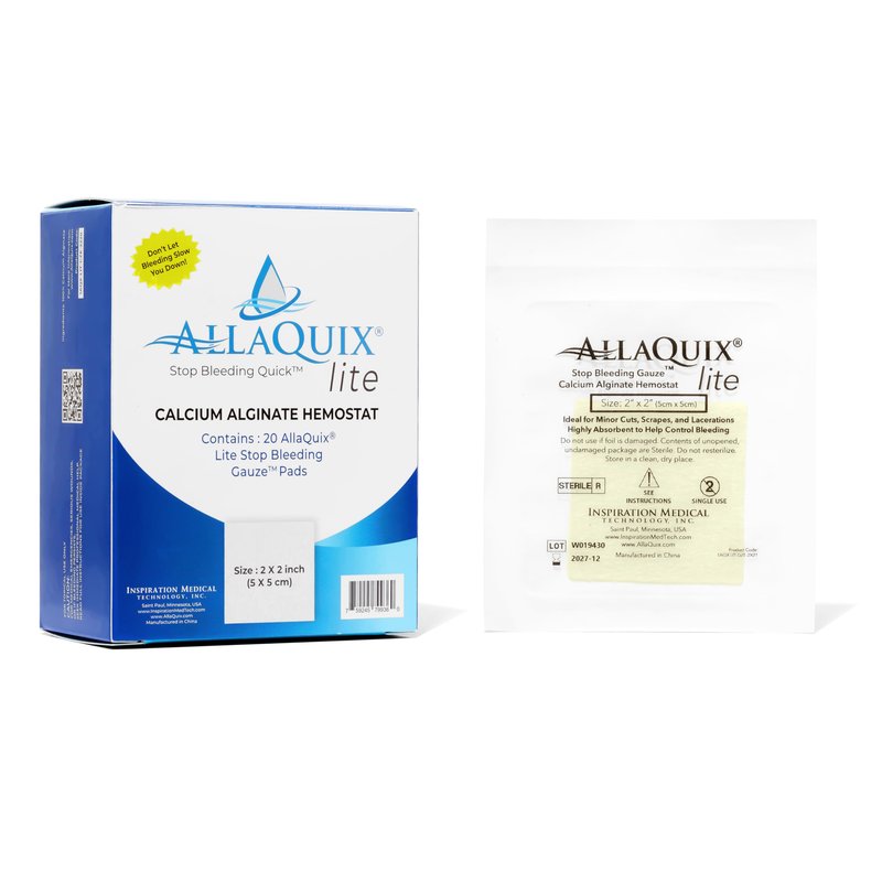 Stop Bleeding Fast – AllaQuix Lite Hemostatic Gauze Pads 2" x 2" – Calcium Alginate Wound Dressing – Sterile, Non-Adherent, High Absorbency – First Aid for Minor Cuts – 20 Count