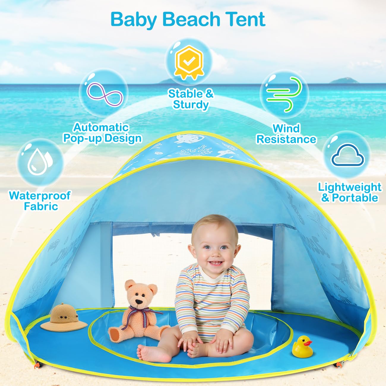 Zooawa Baby Beach Tent, Pop Up Beach Tent Sun Shade for Beach, Portable Shade Pool UV Protection Sun Shelter for Infant with Beach Sand Toys Set, Blue